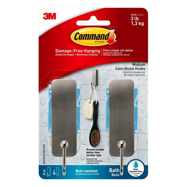 Command Bath Medium Hooks, Satin Nickel, 2 Wall Hooks, 4 Water