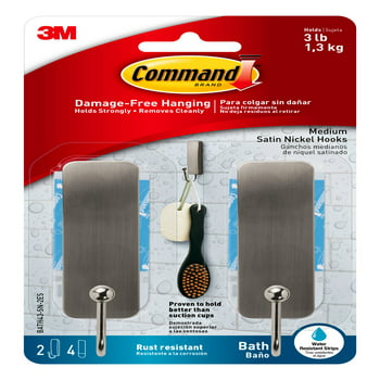 Command Bath Medium Hooks, Satin Nickel, 2 Wall Hooks, 4 Water Resistant Strips, Bath Organization
