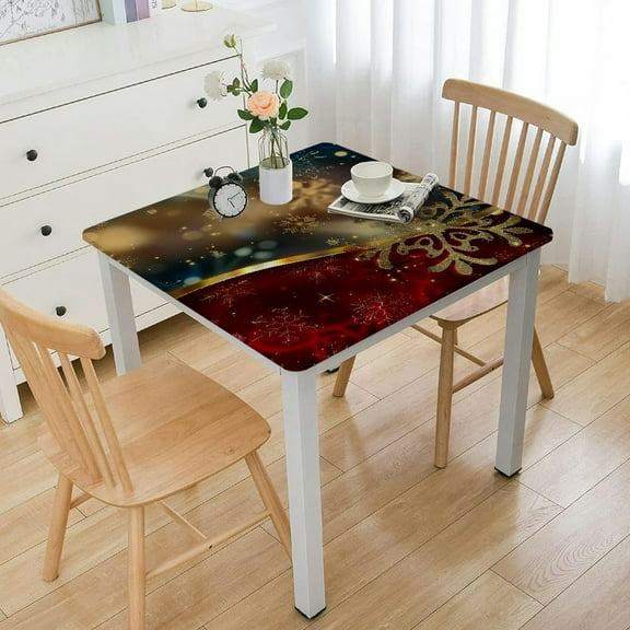 HAOXIT Christmas Fitted Square Tablecloth, Yellow Red Background Elastic Edged Table Cover, Fits to Square Tables, Wipe Clean Table Cover for Outdoor/Indoor Use 44''x44''