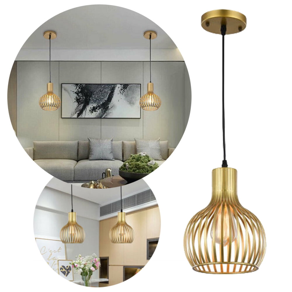 110-120V Gold Cage Pendant Light Modern Industrial Ceiling Hanging Lamp Single Head Gold Chandelier Fixture Kitchen