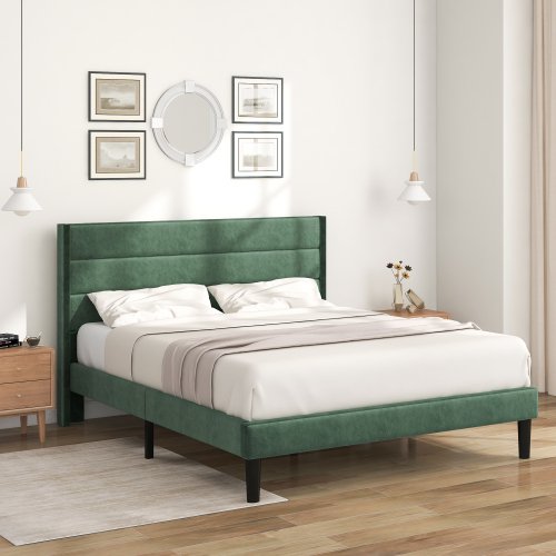 FlkwoH Cama tapizada 140 x 200 cm, somier con somier y cabecero, cama doble tapizada, funda de tela de terciopelo verde oscuro, diseño moderno atemporal, cama juvenil