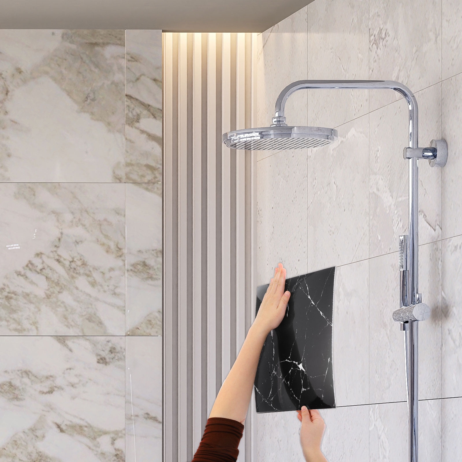 Uxcell 20Pcs Peel and Stick Marble Tiles, Waterproof Wall Panel Backsplash, 11.81"x11.81" Peel and Stick Shower Tiles for Bathroom, Black and White Root Design