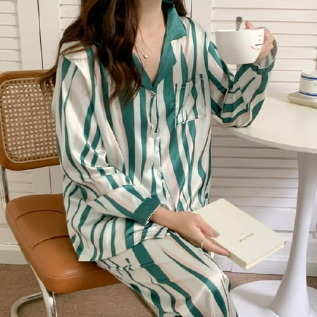 

PIKADINGNIS Long Sleeve Silk Pajamas Spring Autumn Women Pajama Sets Print Satin Sleepwear Luxurious Pyjamas Green Stripes Nightwear