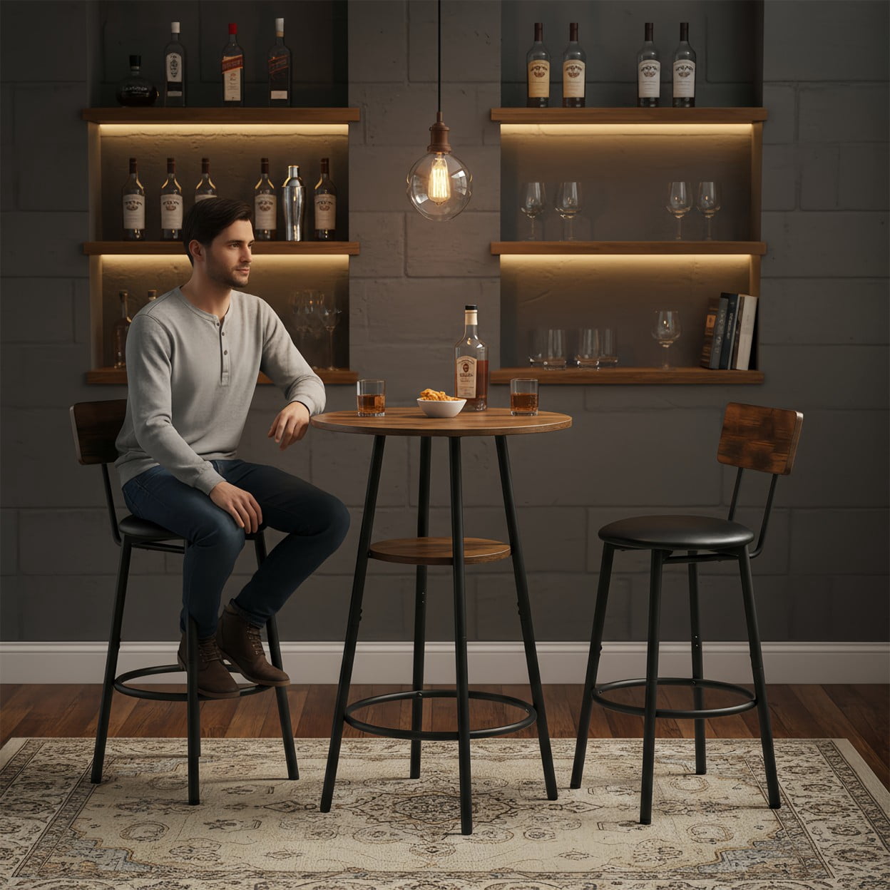 3 Piece Round Bar Table Set with 2 PU Leather Stools, Small Dining Table for 2 with 2-Tier Storage, Counter Height Pub Table Set for Kitchen, Cafe, Apartment, Brown