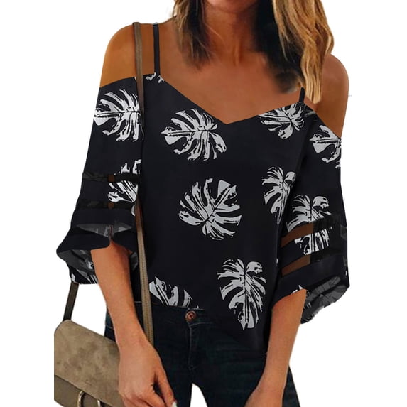 Asyoly Womens Tops Summer Casual Cold Shoulder 3/4 Sleeve Top Leopard Print Mesh Pullover Loose Fit Shirts