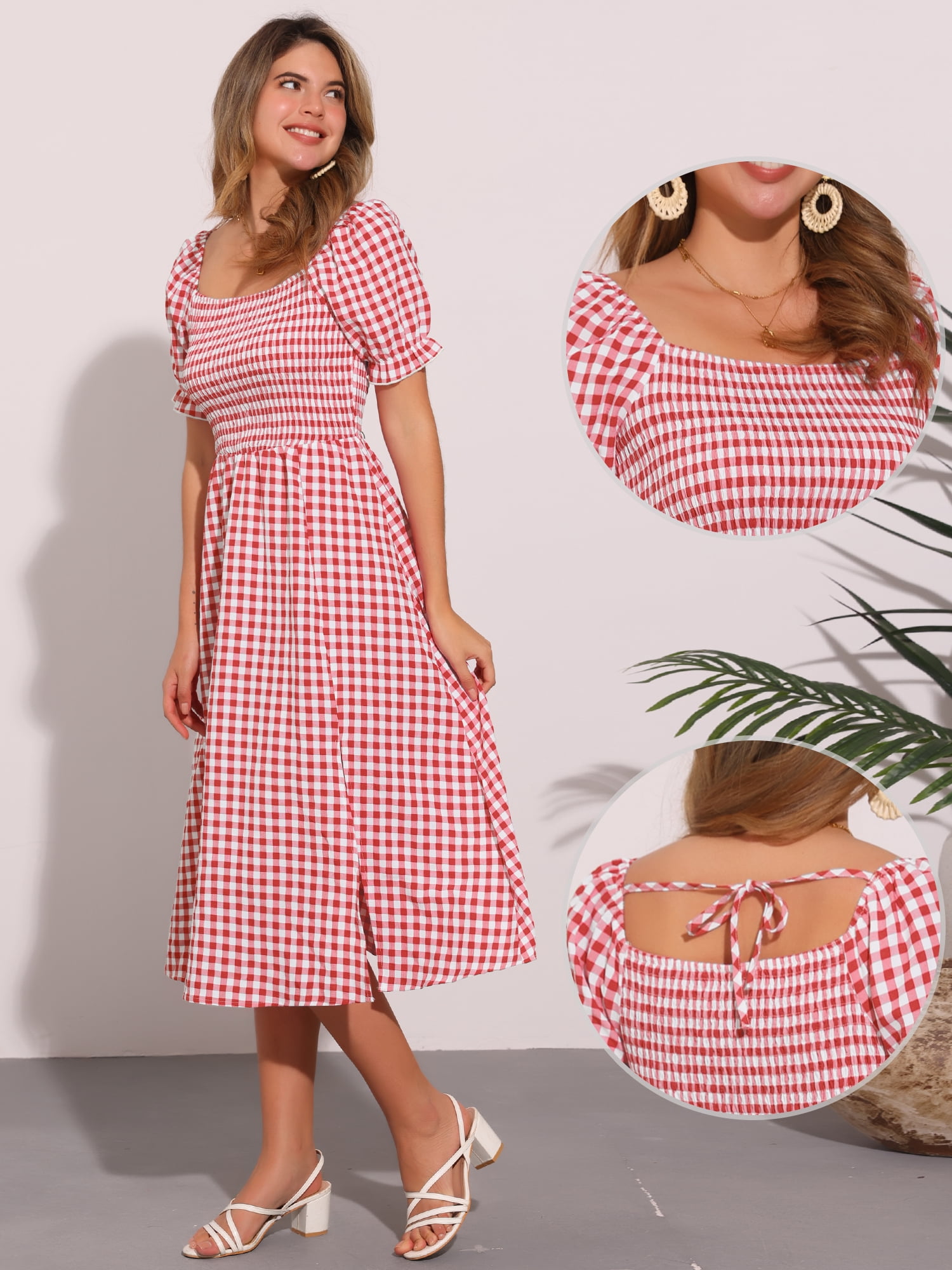 DARING DIVA Smocked Dress Puff Sleeve Square Neck Gingham Dresses M Red