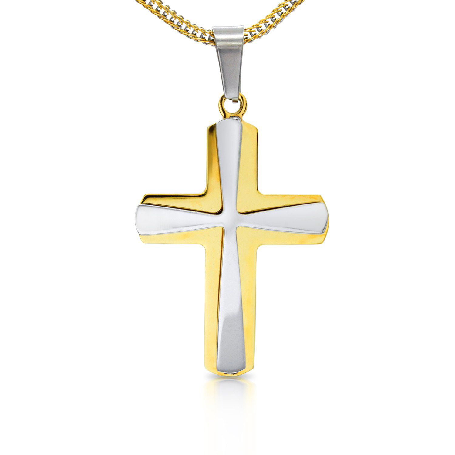 BEBERLINI Cross Pendant Stainless Steel Double Layer Male Prayer Cross Bead Charm Fashion Jewelry (Gold/Silver)