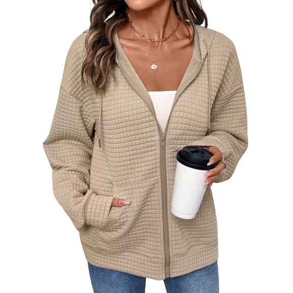 DOKOTOO Hoodies for Women Zip Up Hoodies Oversized Sweatshirts Casual Waffle Hooded Sweatshirt with Pocket S-2XL