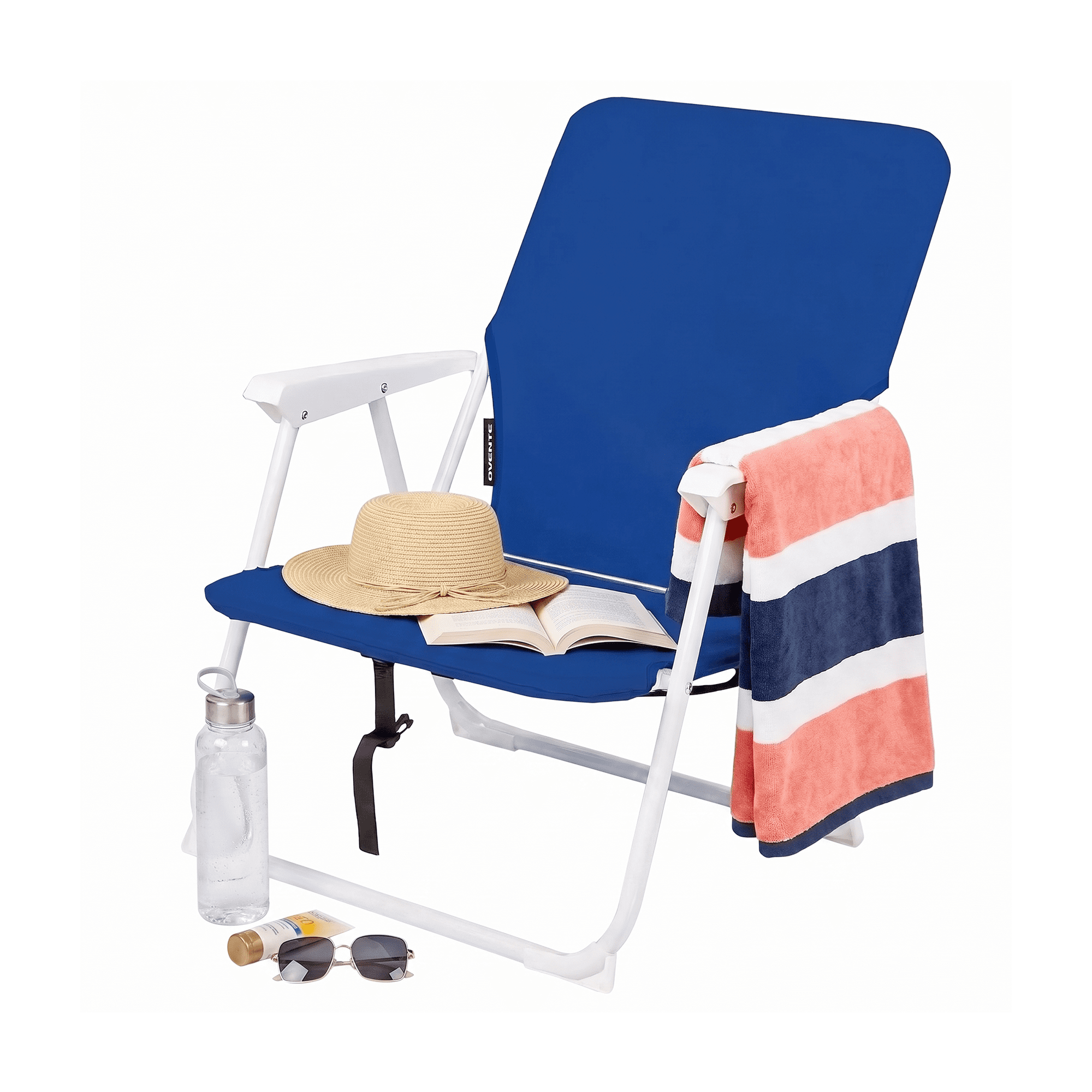 OVENTE Portable Beach Chair, Lightweight, Ergonomic Design, Blue CHR011BL | Foldable Camping Chair with Hard Armrest, Backrest and Pocket for Storage, Ideal for Travel, Hiking and Picnic