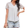 thumbnail image 3 of Women Lace Splicing Cutout V Neck Short Sleeves Pleated Front Plain Top, 3 of 7