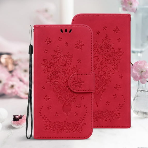 TECH CIRCL Wallet Case Compatible with iPhone 13 Pro (6.1 inch), Premium Rose Butterfly Embossed Design, PU Leather Wrist Strap Magnetic Closure Built-in Kickstand Protective Case, Red