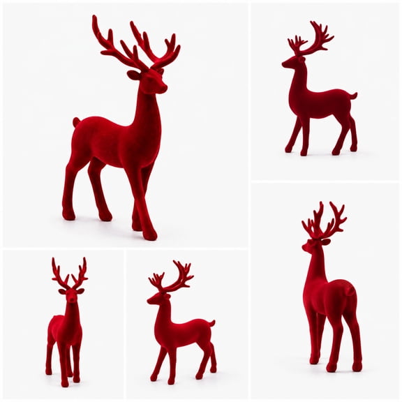 Christmas Reindeer Decor - Red Flocked Reindeer Figurine, Resin Holiday Table Centerpiece Decoration for Mantel Entryway, 1pc