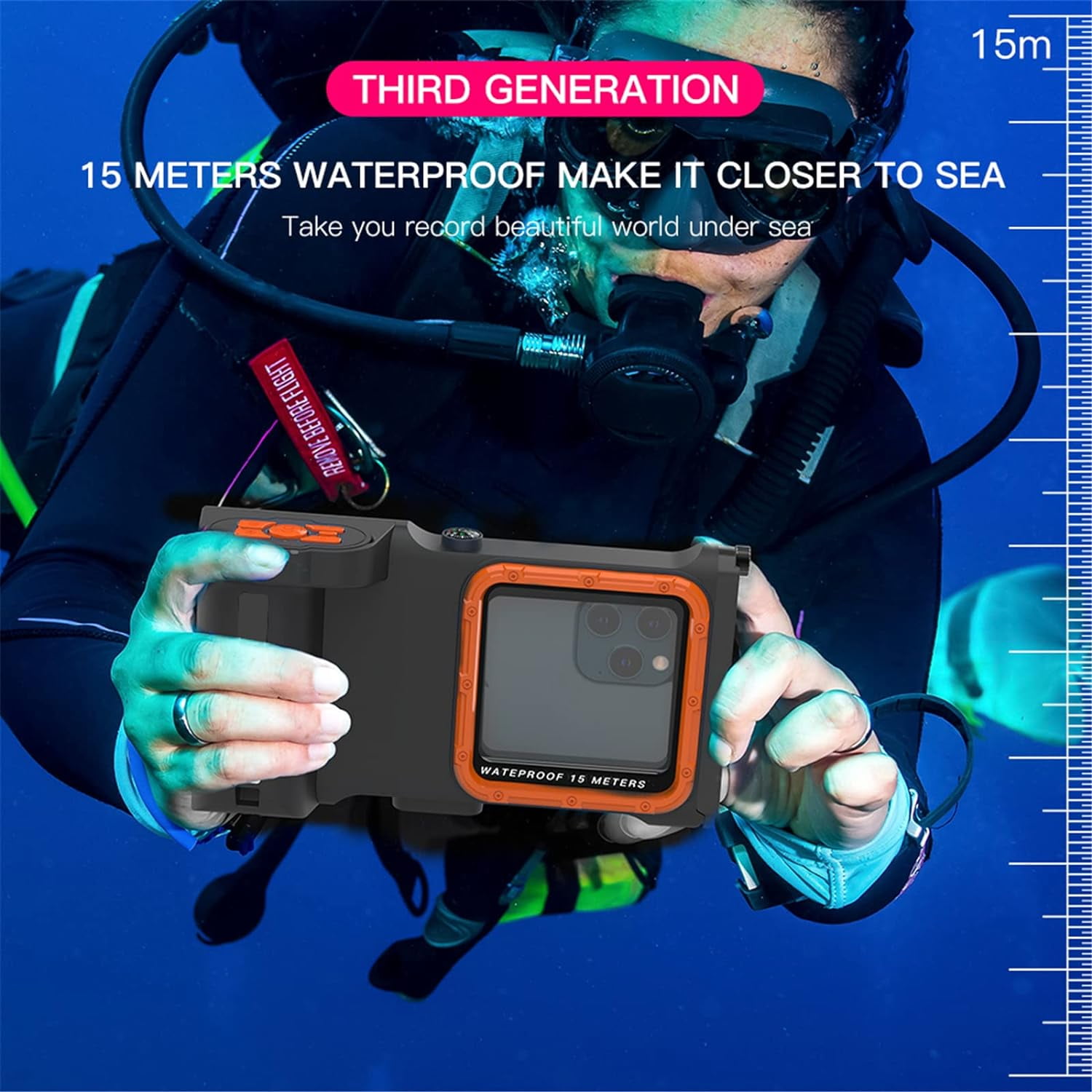 New Updated Extreme Waterproof Underwater Diving, Snorkel Phone Case with Bluetooth Remote Control for All iPhone (Max, Plus, S), Samsung, LG, Google, Android Up to 50Ft, 15M with Lanyard Black&Orange