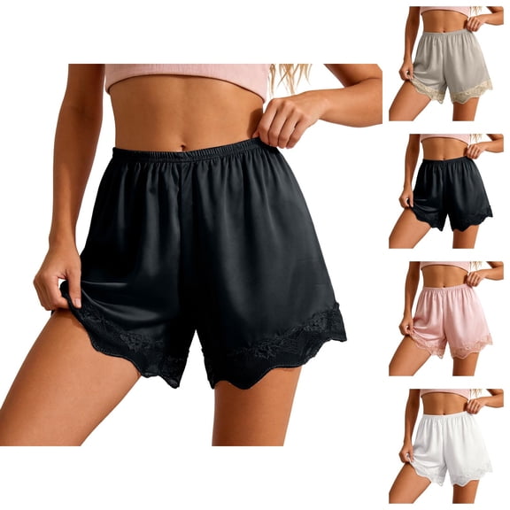 Shorts Culotte for Women Elastic Waist Satin Lace Hem Loose Fit Lightweight Pettipants Pajama Shorts