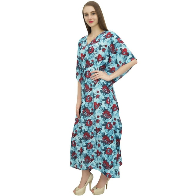 Bimba Caftan en Coton Long Kaftan Femme Robe de Nuit Kimono Bleu Couvre-Maillot Robe-22