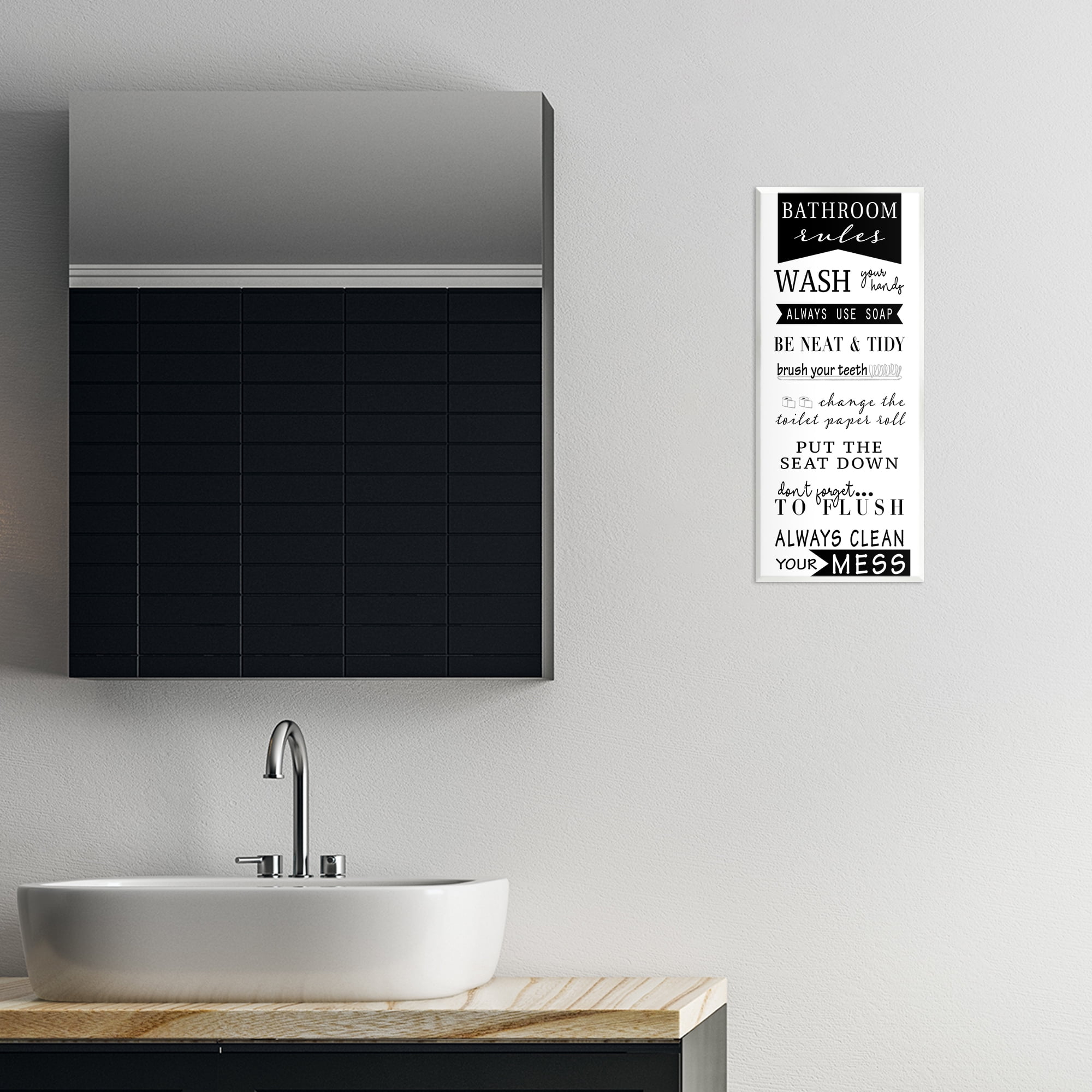 Stupell Industries Black Bathroom Rules Typography Painting Unframed Art Print Wall Art, 7 x 17