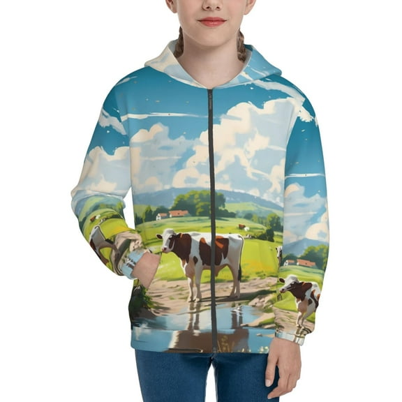 Kdxio Countryside Farm Cow Pattern Kids Boys Girls Zip Up Hoodie 3D Printed Hooded Sweatshirt Hoody Coat with Pocket 7-12 Y-Small