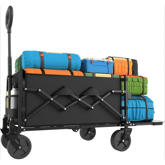Collapsible Wagon Cart Max 350lb Load & Expandable Storage 100L, Double Bearing Design for Flexible Steering, Foldable Heavy Duty Garden Cart with 2 Cup Holders for Groceries, Garden & Camping