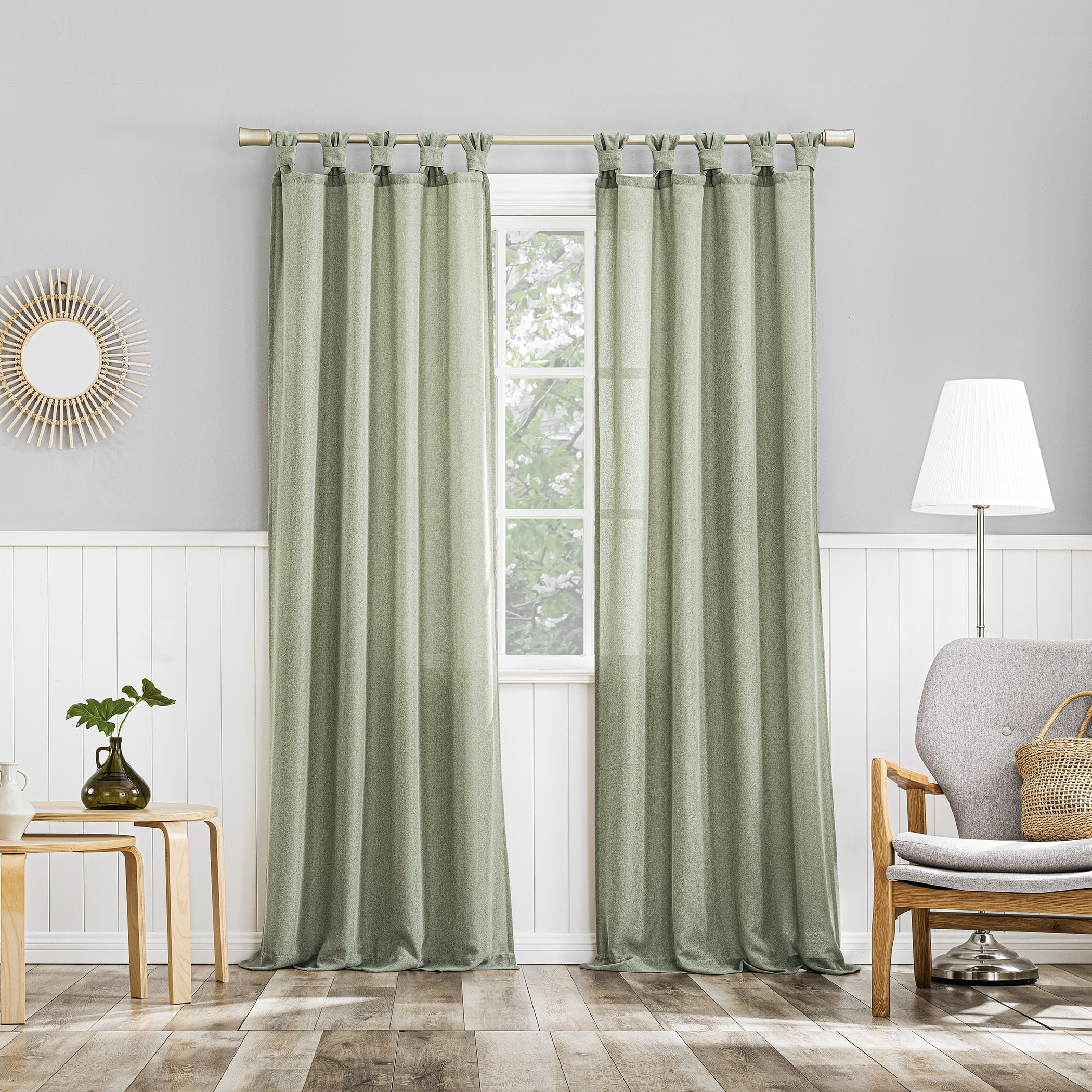 No. 918 Hathaway Twist Tab Semi-Sheer Tab Top Curtain Panel, 40"x63", Sage Green