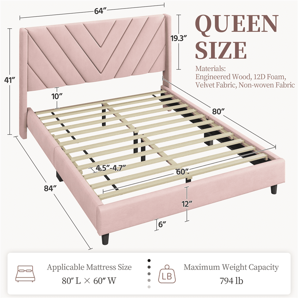 Fullfurnique Upholstered Platform Bed Frame with Wooden Slat Support, Queen, Pink