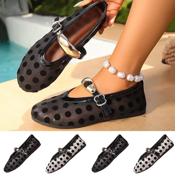 Hinvhai Women's Polka Dots Mesh Ballet Flats Shoes Round Toe Flats Closed Toe Buckle Strap Comfortable Dress Shoes White 9(43)