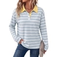 thumbnail image 2 of Striped Polo Shirts for Women Long Sleeve Rugby Shirts Loose Preppy Collared Pullover Fall Casual, 2 of 9