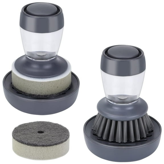 Dish Brush with Soap Dispenser, Kitchen Scrub Brush for Dishes Pots Pans Sink Cleaning, Dish Scrubber with Holder Set (Grey Handle & Nylon Bristles)