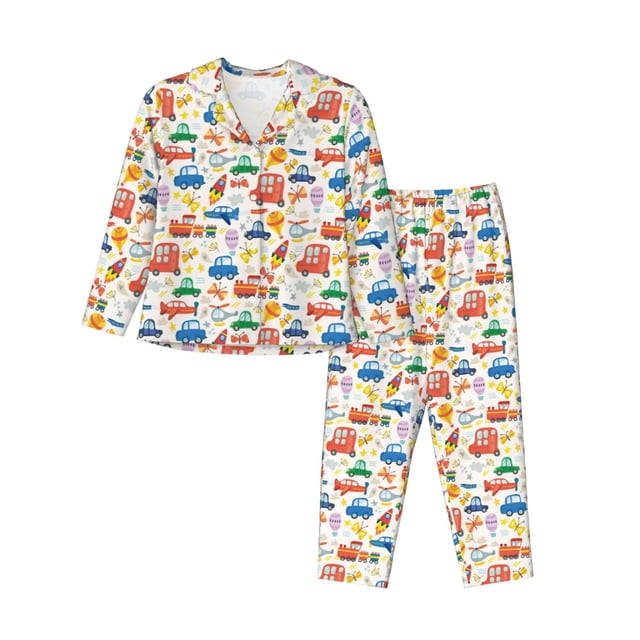 Fotbe Cartoon Transportation Conjunto de Pijama de Manga Larga para Mujer con Estampado, Ropa de Dormir de 2 Piezas, Conjunto de Casa Suave y Cómodo con Bolsillos-Small