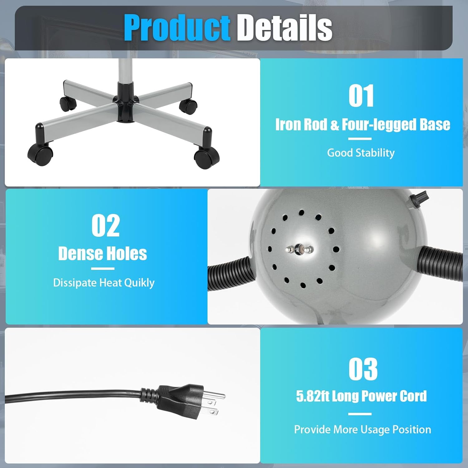 5 Head Infrared Heat Lamp 750W Portable Floor Hair Dryer Hair Steamer,Adjusting Height Styling Perming Dryer Styling Perming Dryer Accelerator for Barbershops, Beauty Salons