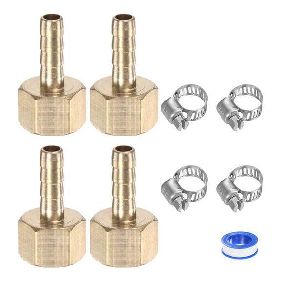 Uxcell 4-Pack Brass Hose Barb Fittings, 6mm x G1/4 Female Adapter Hose Connector with Stainless Steel Hose Clamp & Tape