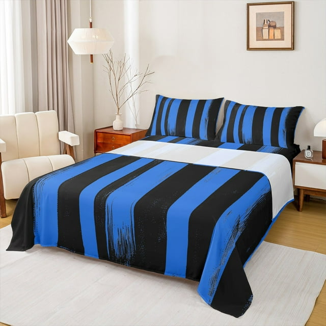 Erosebridal Blue Splatter Ink Twin Sheet Sets,Abstract Geometric Stripes Bedding Twin Size,Modern Desgin Bed Sheets Set Twin Size,Ultra Soft Bedroom Decor,3-Piece