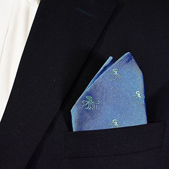SummerTies Octopus Pocket Square - Blue, Woven Silk