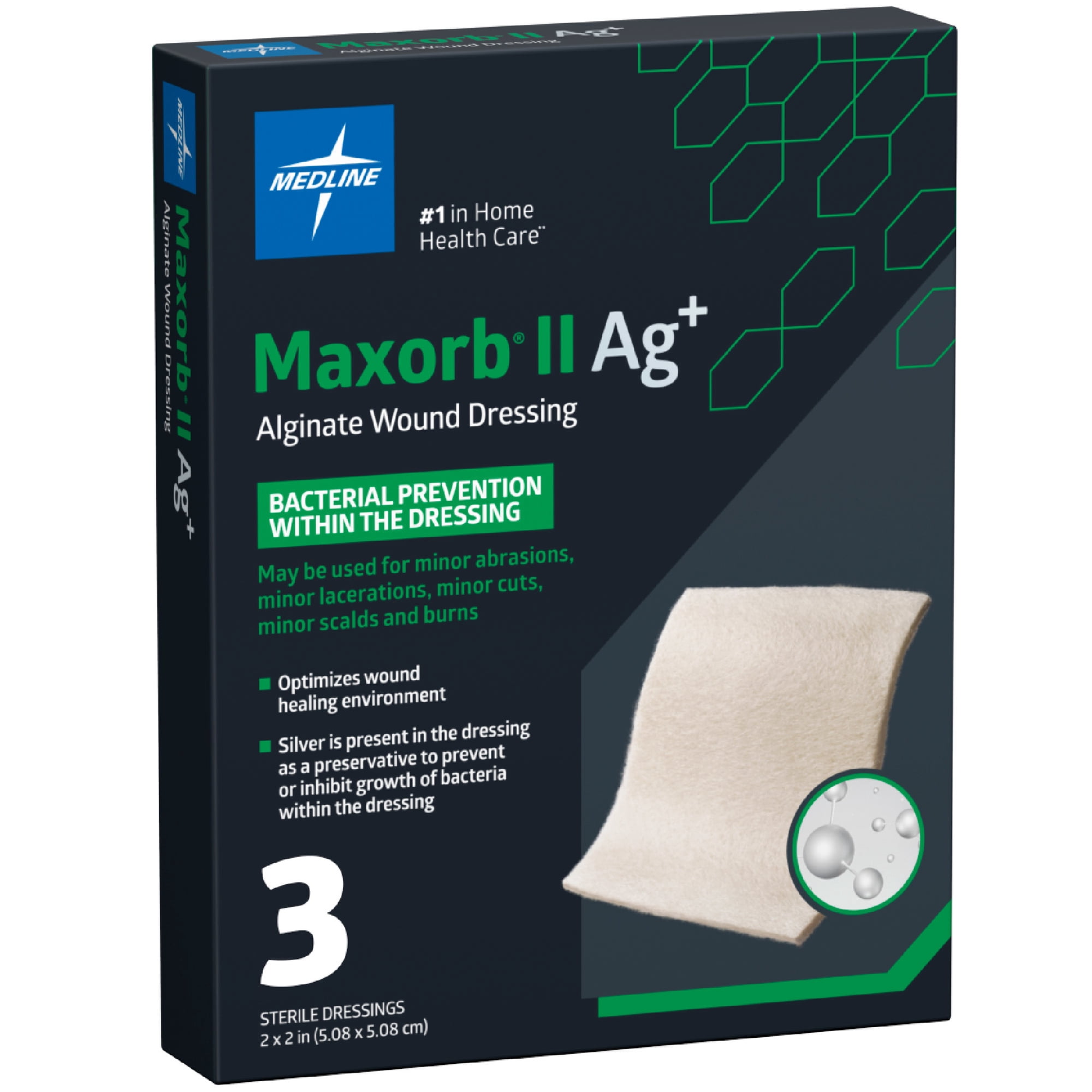 Medline Maxorb II Antibacterial Silver Alginate Wound Dressing, 2 in x 2 in, 3 Count