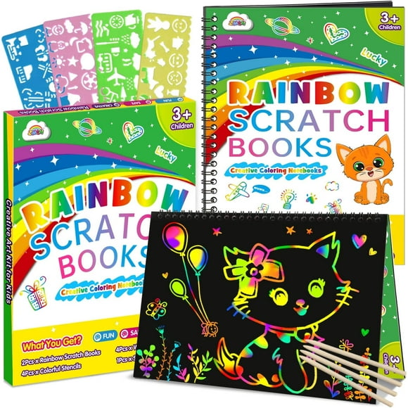 ZMLM 2Pack Rainbow Scratch Paper Notebook Magic Drawing Kit, Arts and Crafts for Kids Ages 6-8,8-12 Boys Girls Toys Gifts