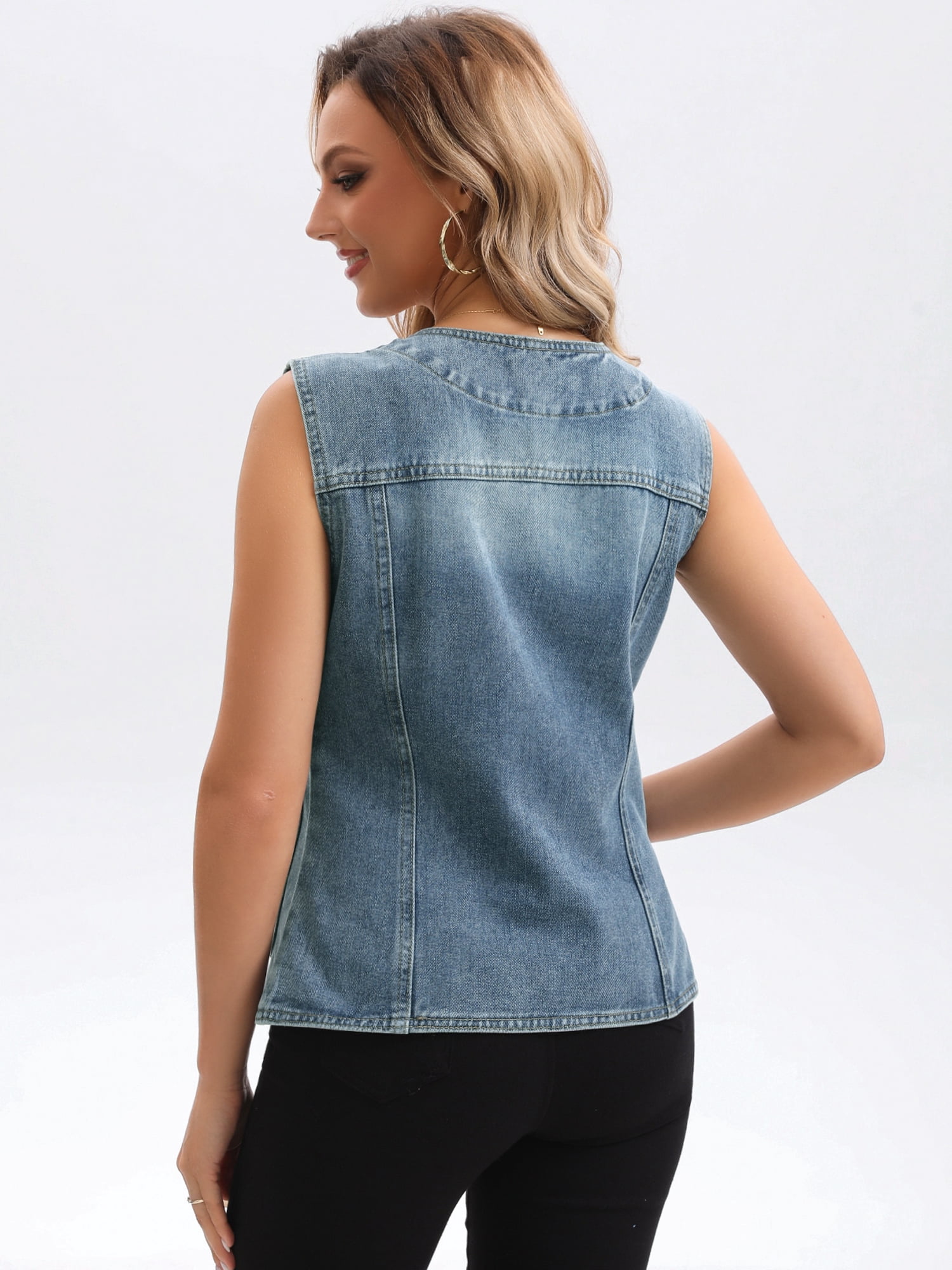 DARING DIVA Women's V Neck Patch Pockets Button Down Sleeveless Jacket M Blue Grey