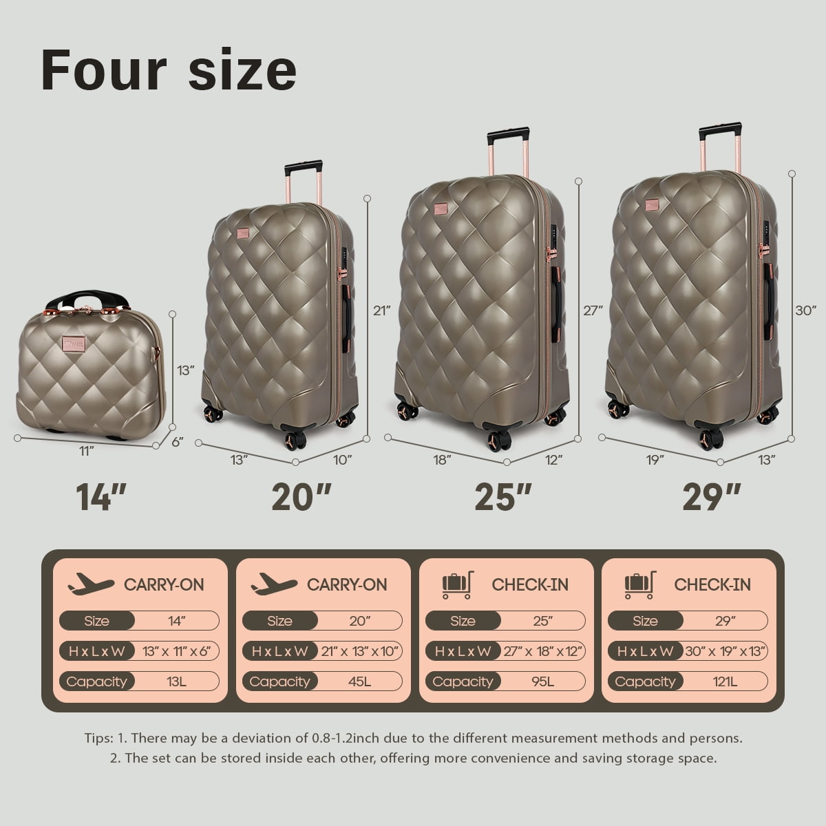 4-Piece Hardside Luggage Set, Lightweight Spinner Suitcases with TSA Lock, Expandable,  Elephant/Skin, 14"/20"/25"/29", WD8810