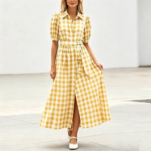 collared plus size winter dress YuXingFu Midi Dresses for Women Maxi Womens Short Sleeve with Buttons Long Casual Summer Yellow L Ellora Embellished Mini Dress casual outings Chain Accent Width:4E - Extra Wide