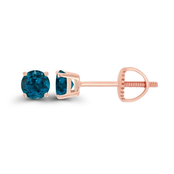 Decadence 14K Rose Gold Plated Sterling Silver 4mm Round Natural London Blue Topaz December Birthstone Screwback Stud Earrings