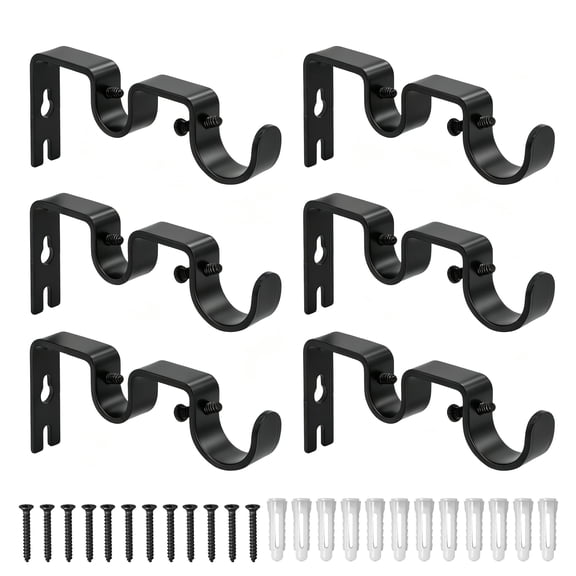 6 Pack Double Curtain Rod Brackets, Heavy Duty Black Curtain Rod Holders, Metal Curtain Rod Wall Mount Bracket for 0.7"-1.02" Rods