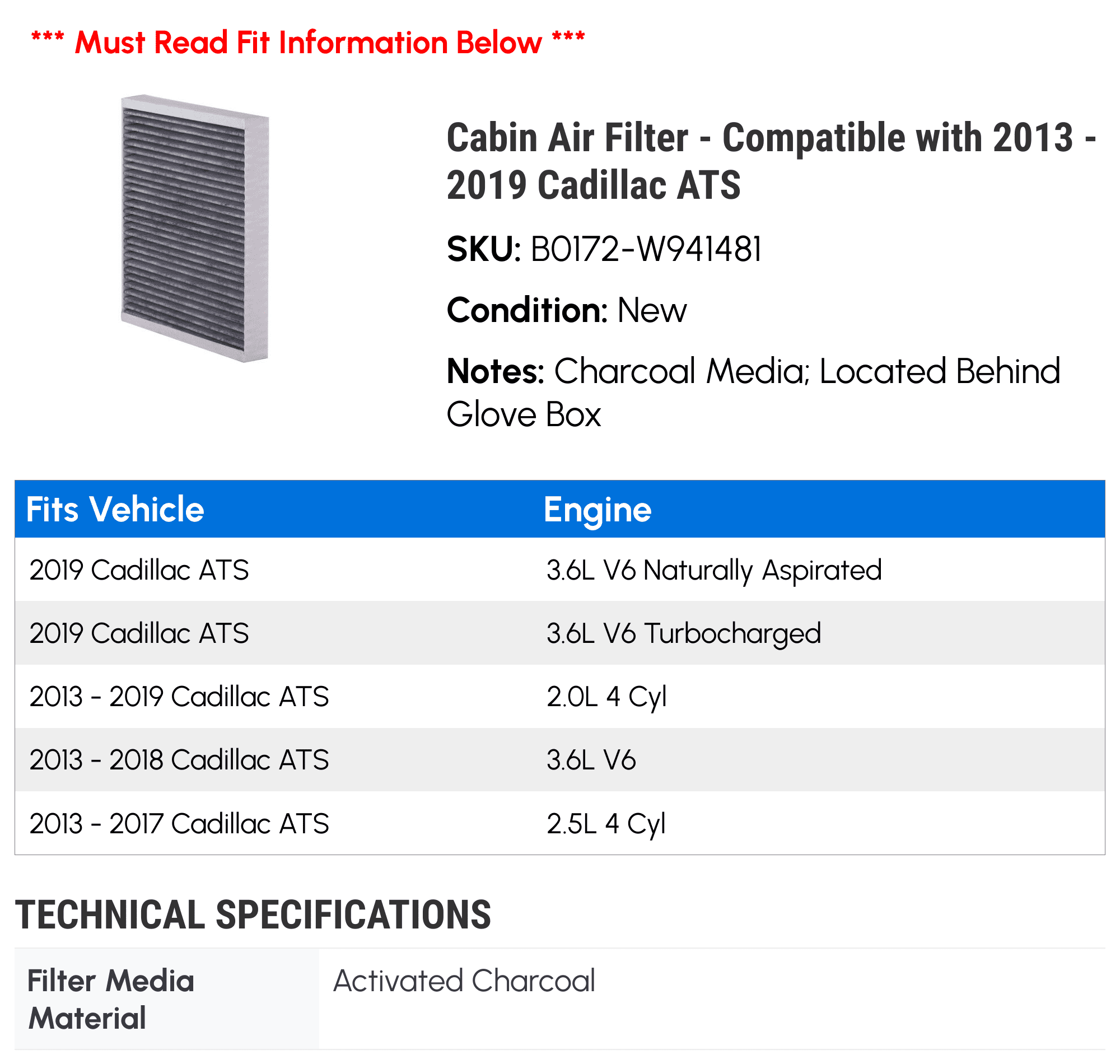 Cabin Air Filter - Compatible with 2013 - 2019 Cadillac ATS 2014 2015 2016 2017 2018
