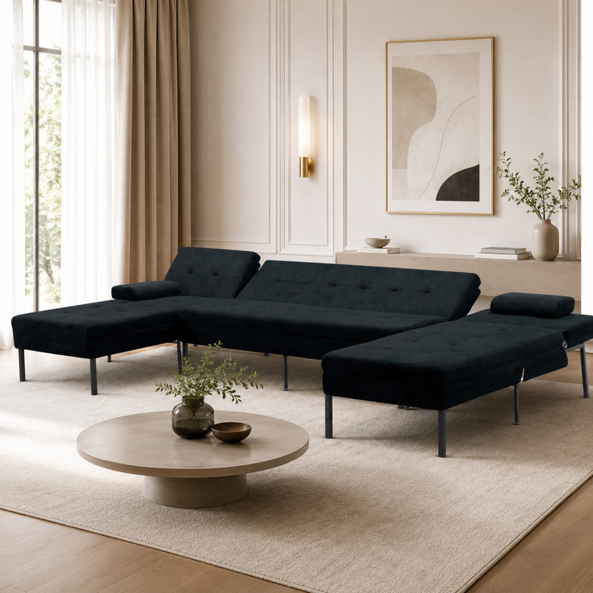 BSHTI 117.13" Soft Corduroy U-Shaped Sectional Sofa Bed with 5-Position Backrest, Comfy Couch for Living Room（Black）