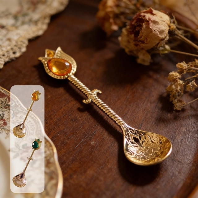 Vintage Jewel Handle Dessert Spoon - Stainless Steel Spoon for Ice Cream, Pudding, Coffee & Tea