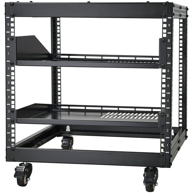KFFKFF 9U Open Frame Server Rack, Adjustable Depth 23''-40'', Versatile Free Standing or Wall Mount Design, Equipped with 360° Casters, Durable 4 Post Structure for Networking IT, AV Equipment