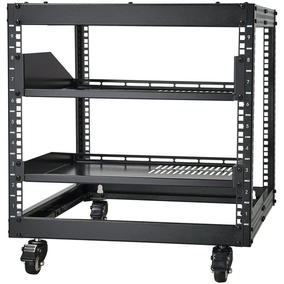 KFFKFF 9U Open Frame Server Rack, Adjustable Depth 23''-40'', Versatile Free Standing or Wall Mount Design, Equipped with 360 Casters, Durable 4 Post Structure for Networking IT, AV Equipment
