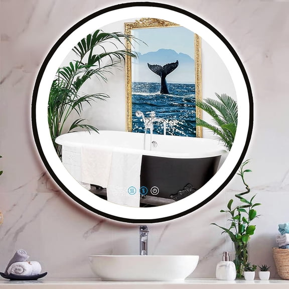 LED Circle 24" Black Lighted Makeup Mirror with Lights Black Frame Round Wall Mirror for Bathroom Antifog  3Color Adjustable Brightness Frontlit Black Framed Round Light Up Wall 24 Inch Mirror