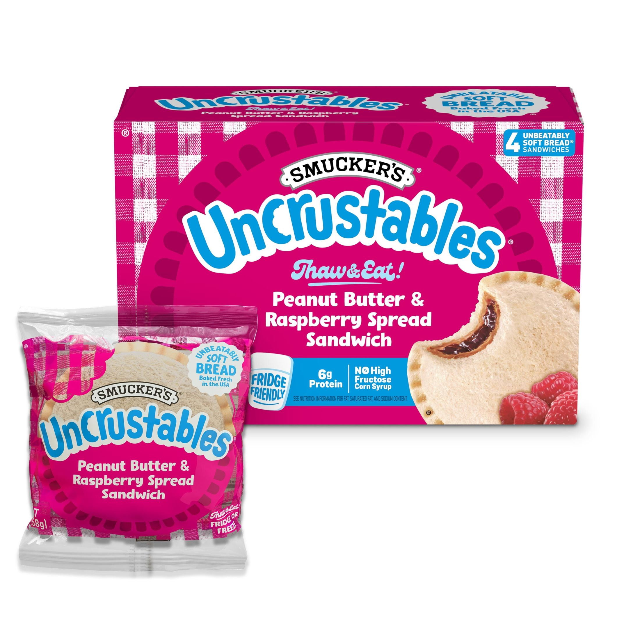 Smucker’s Uncrustables Peanut Butter & Raspberry Spread Sandwiches, 4 Count, 2 oz Each, Frozen