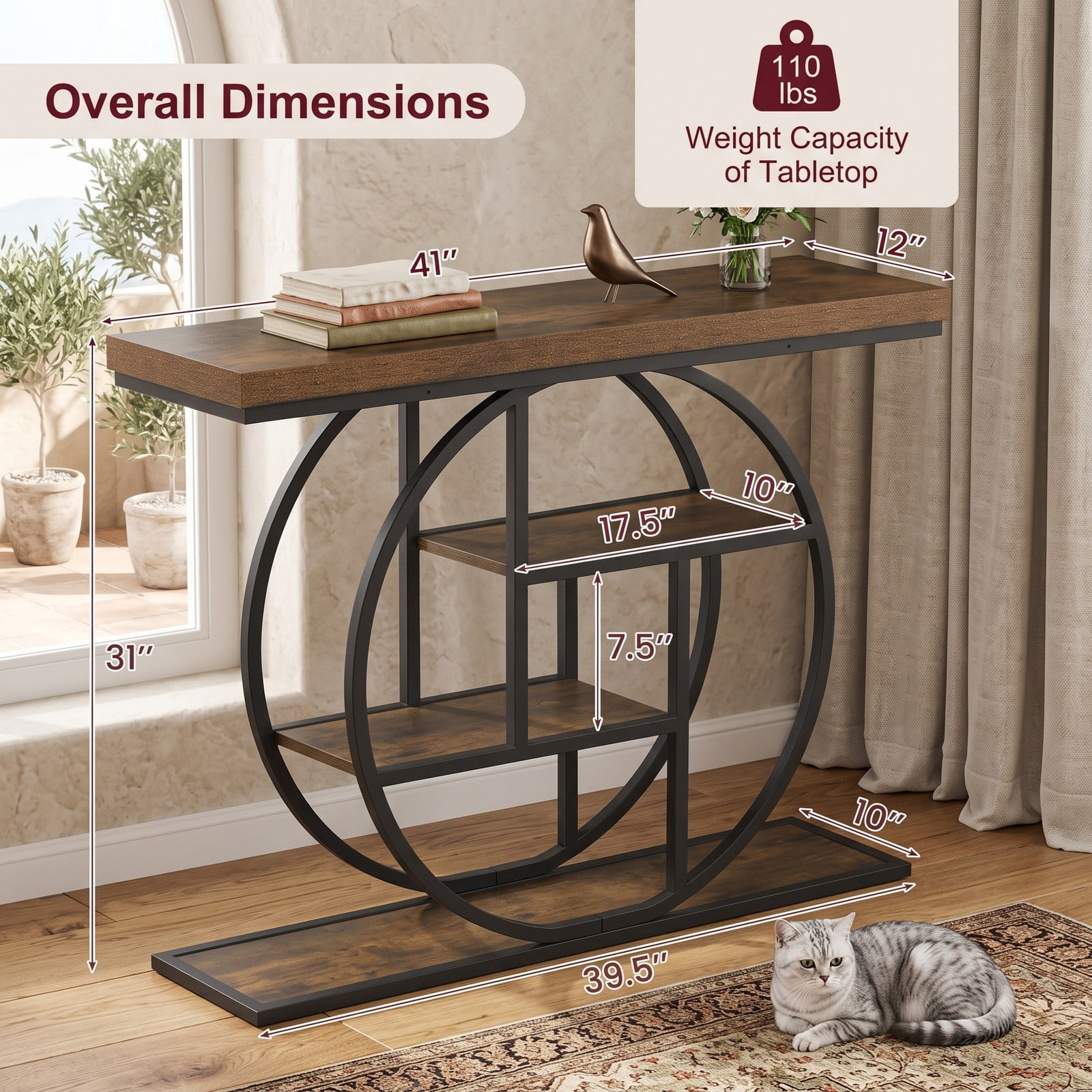 Furnibear 4-Tier Console Table 41 Inch Entryway Table with Open Storage Shelves and Round Metal Frame for Living Room, Brown