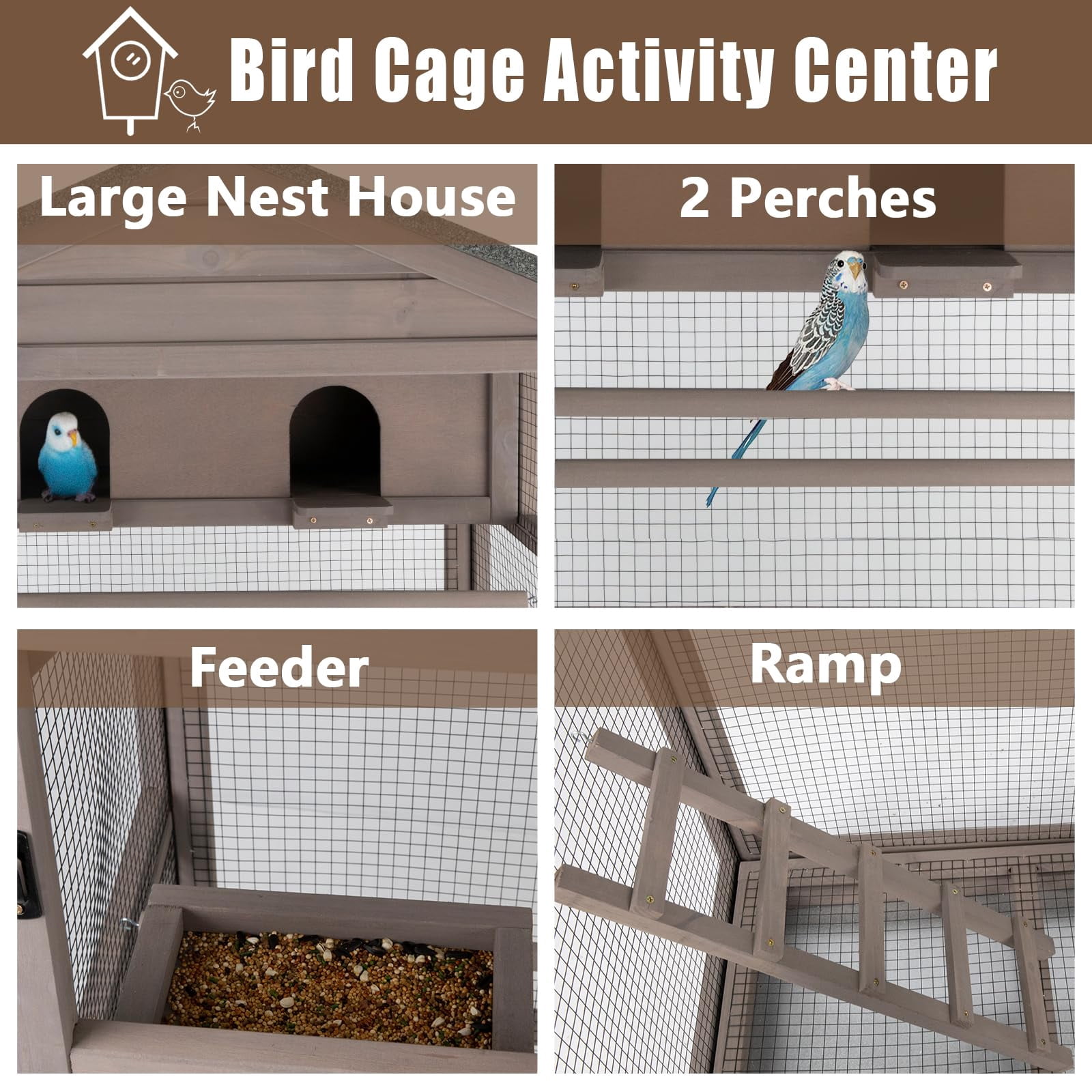 Gowoodhut 68.8"L Outdoor Bird Aviary Indoor Wooden Large Bird Cage Parakeet Cage on Wheels
