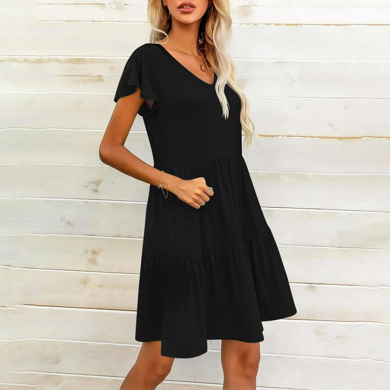 Women's Casual Plain Summer Dress V Neck Ruffle Knee Length Dress