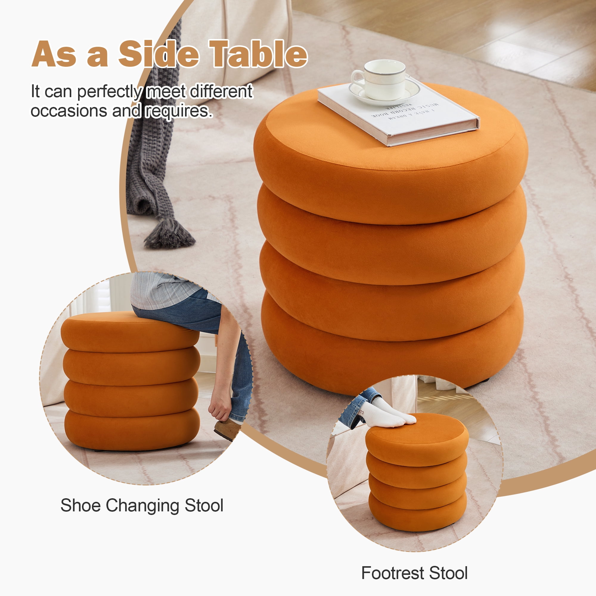 Zesthouse 19.5" Wide Round Storage Ottoman, Velvet Tufted Ottoman Footstool for Living Room Bedroom, Orange